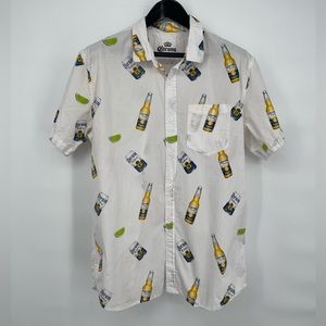 Corona Men Shirt Short Sleeve Button Up‎ Beer White 100% Cotton Large L